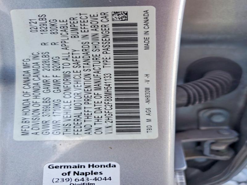 Продажа на аукционе авто 2021 Honda Civic, vin: 2HGFC2F88MH541133, номер лота: 61159186