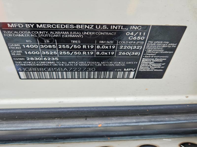 62933556 :رقم المزاد ، 4JGBB8GB5BA722730 vin ، 2011 Mercedes-benz Ml مزاد بيع