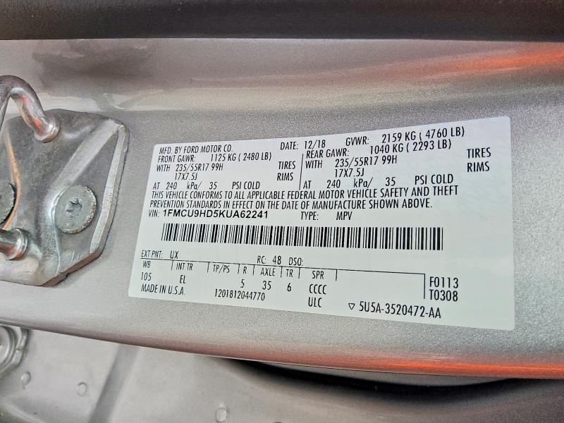 Aukcja sprzedaży 2019 Ford Escape, vin: 1FMCU9HD5KUA62241, numer aukcji: 61718876
