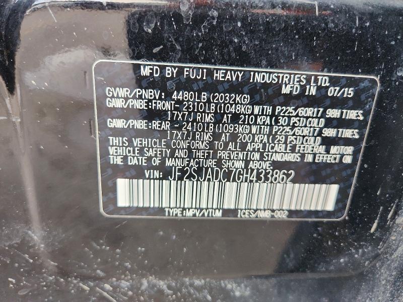 2016 Subaru Forester მანქანა იყიდება აუქციონზე, vin: JF2SJADC7GH433862, აუქციონის ნომერი: 60421746
