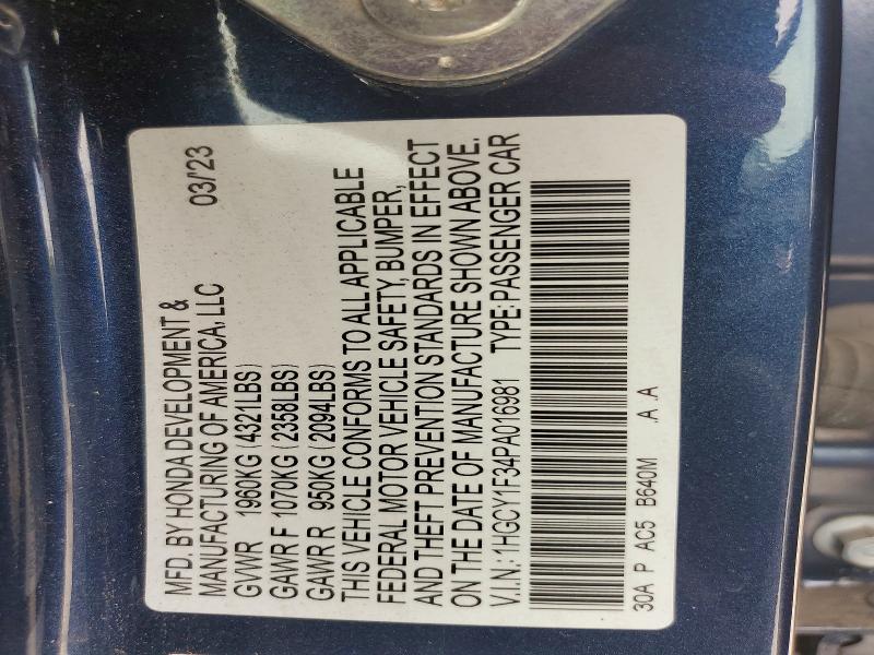 2023 Honda Accord მანქანა იყიდება აუქციონზე, vin: 1HGCY1F34PA016981, აუქციონის ნომერი: 59226966