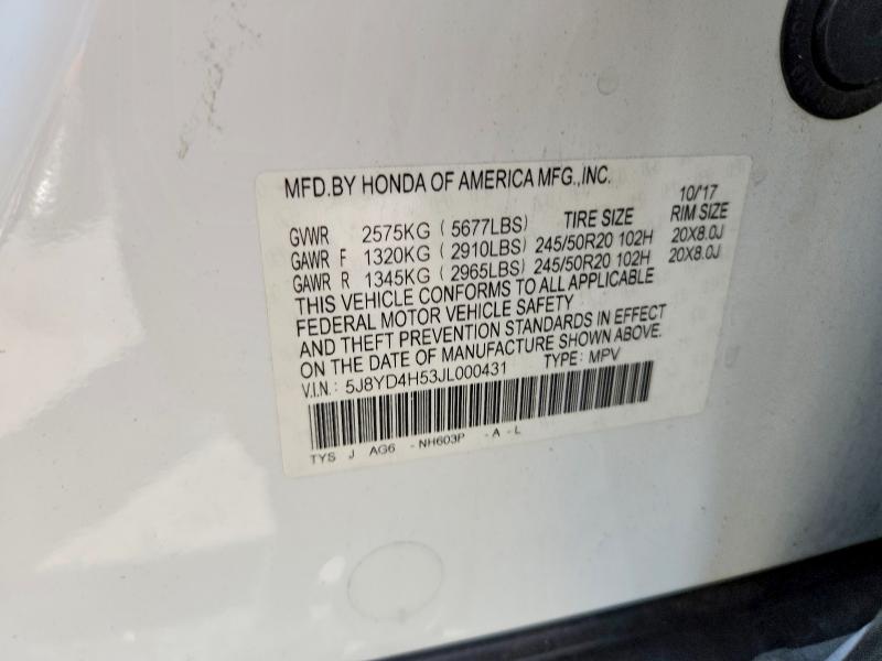 Aukcja sprzedaży 2018 Acura Mdx, vin: 5J8YD4H53JL000431, numer aukcji: 62089296
