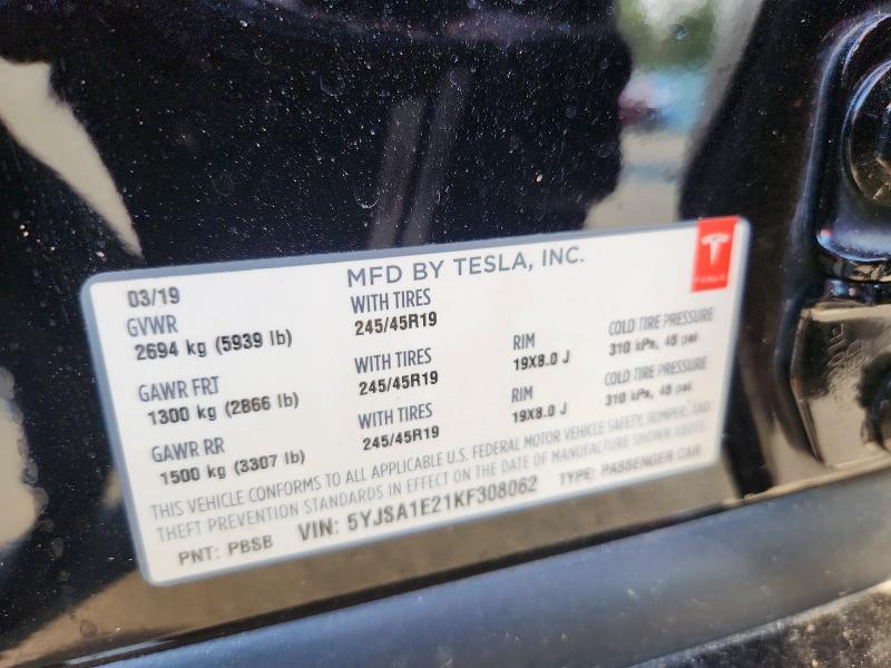 2019 Tesla Model S მანქანა იყიდება აუქციონზე, vin: 5YJSA1E21KF308062, აუქციონის ნომერი: 60489186