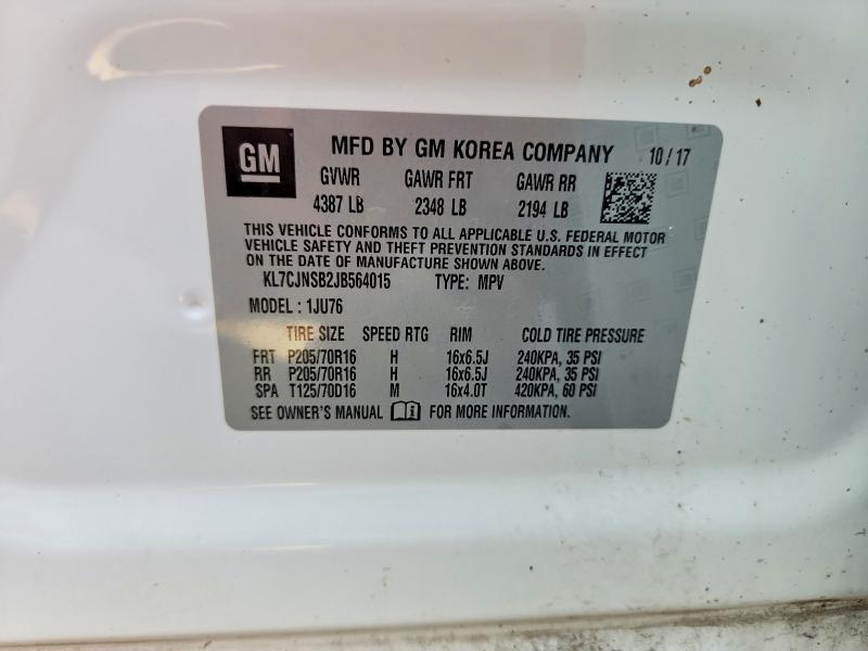 2018 Chevrolet Trax მანქანა იყიდება აუქციონზე, vin: KL7CJNSB2JB564015, აუქციონის ნომერი: 59713636