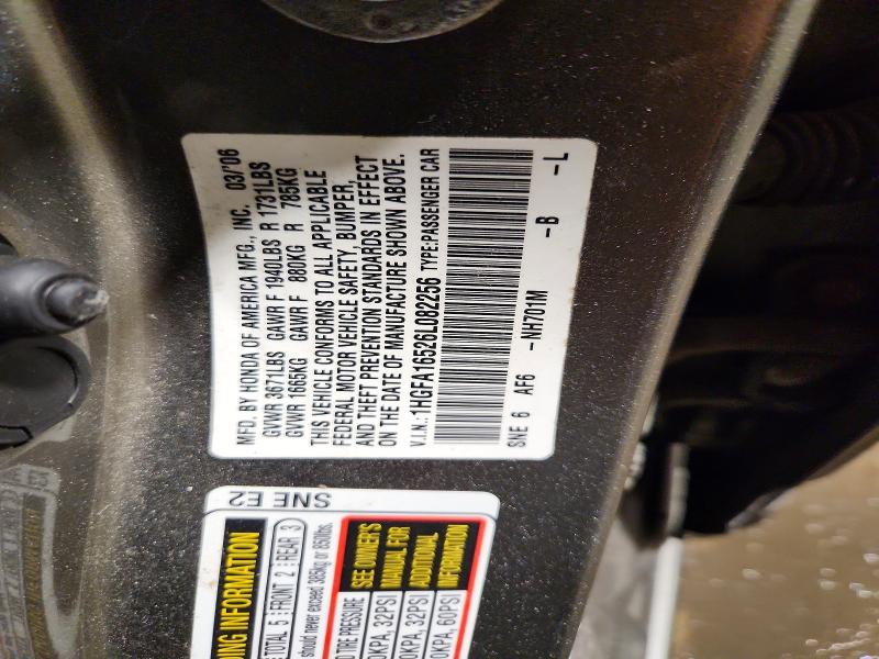 60443156 :رقم المزاد ، 1HGFA16526L082256 vin ، 2006 Honda Civic مزاد بيع