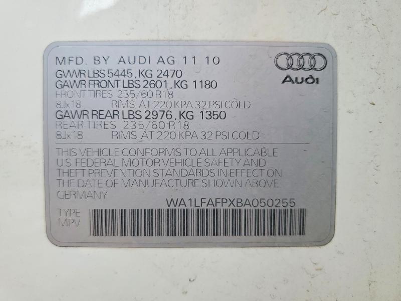 2011 Audi Q5 მანქანა იყიდება აუქციონზე, vin: WA1LFAFPXBA050255, აუქციონის ნომერი: 62237876