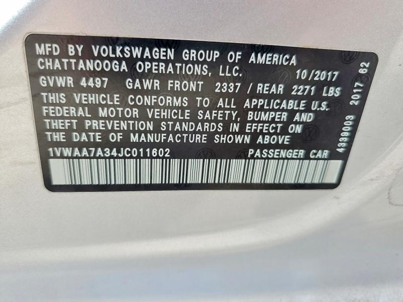 Aukcja sprzedaży 2018 Volkswagen Passat, vin: 1VWAA7A34JC011602, numer aukcji: 60237956