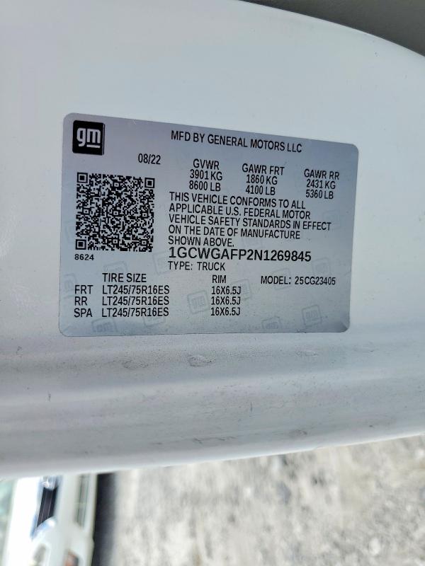 2022 Chevrolet Express G2500 მანქანა იყიდება აუქციონზე, vin: 1GCWGAFP2N1269845, აუქციონის ნომერი: 61154126