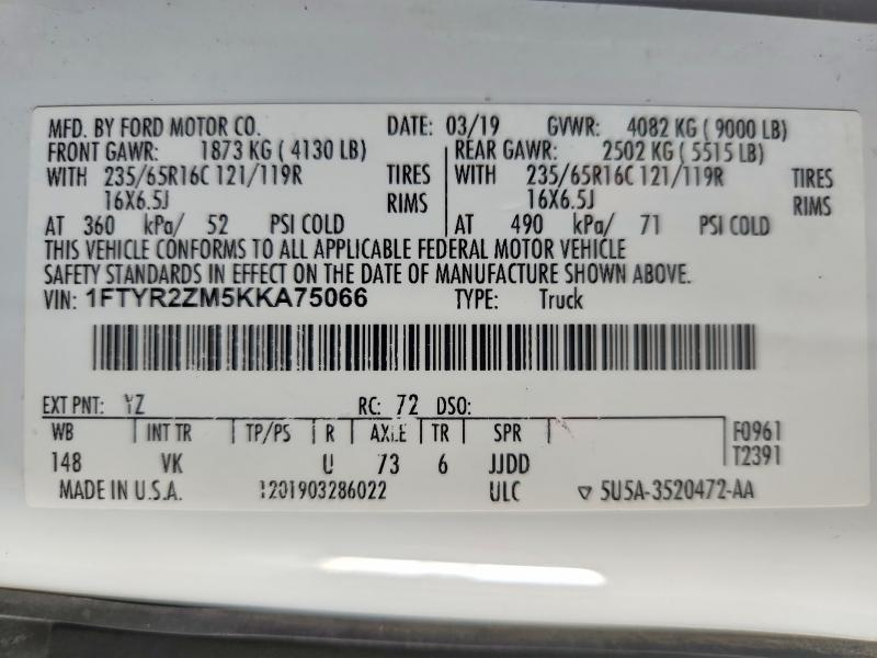 62090116 :رقم المزاد ، 1FTYR2ZM5KKA75066 vin ، 2019 Ford Transit مزاد بيع