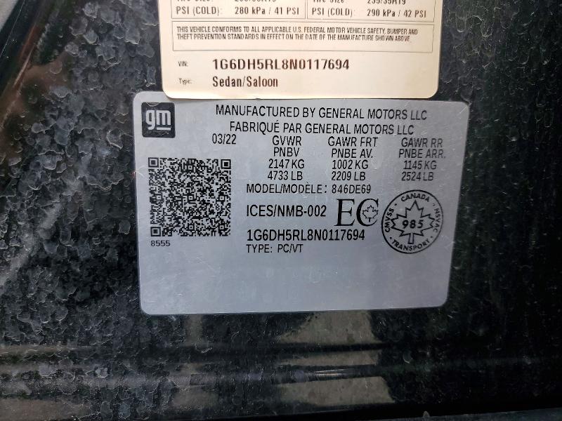 2022 Cadillac Ct4-v მანქანა იყიდება აუქციონზე, vin: 1G6DH5RL8N0117694, აუქციონის ნომერი: 62647606