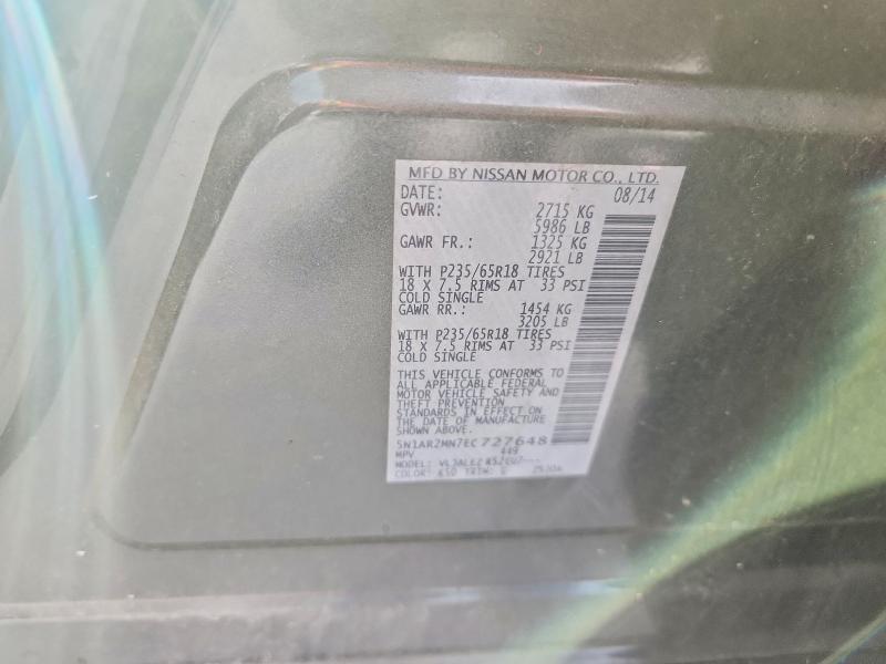 2014 Nissan Pathfinder მანქანა იყიდება აუქციონზე, vin: 5N1AR2MN7EC727648, აუქციონის ნომერი: 61445626