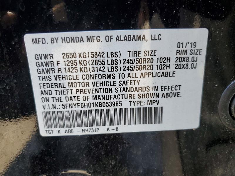 Продажа на аукционе авто 2019 Honda Pilot, vin: 5FNYF6H01KB053965, номер лота: 60576556