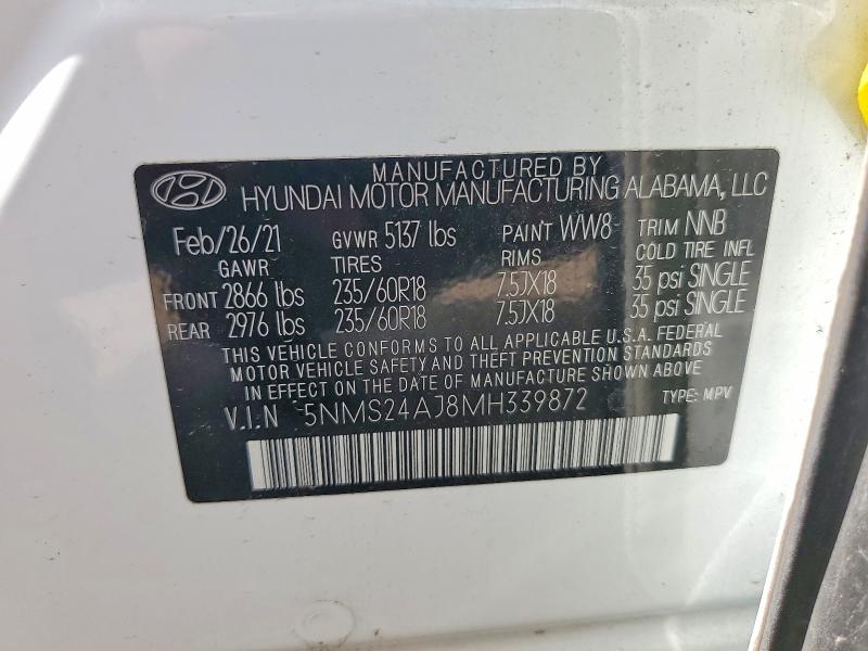 2021 Hyundai Santa Fe მანქანა იყიდება აუქციონზე, vin: 5NMS24AJ8MH339872, აუქციონის ნომერი: 61542386