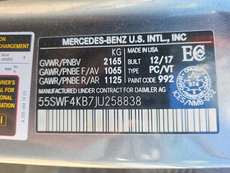 Auction sale of the 2018 Mercedes-benz C, vin: 55SWF4KB7JU258838, lot number: 97682915
