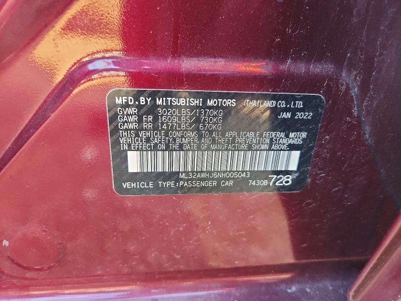 60917376 :رقم المزاد ، ML32AWHJ6NH005043 vin ، 2022 Mitsubishi Mirage مزاد بيع