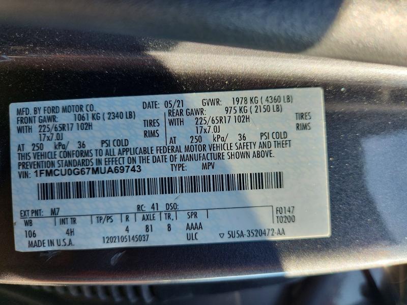 Aukcja sprzedaży 2021 Ford Escape, vin: 1FMCU0G67MUA69743, numer aukcji: 61056886