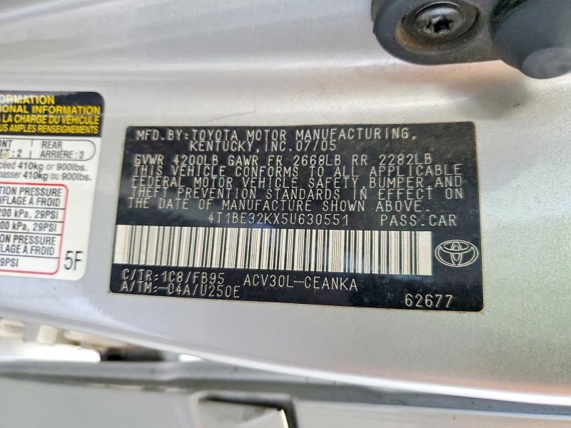 60390856 :رقم المزاد ، 4T1BE32KX5U630551 vin ، 2005 Toyota Camry مزاد بيع
