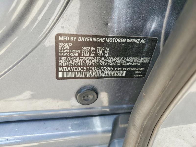 61334126 :رقم المزاد ، WBAYE8C51DDE22285 vin ، 2013 Bmw 750 مزاد بيع