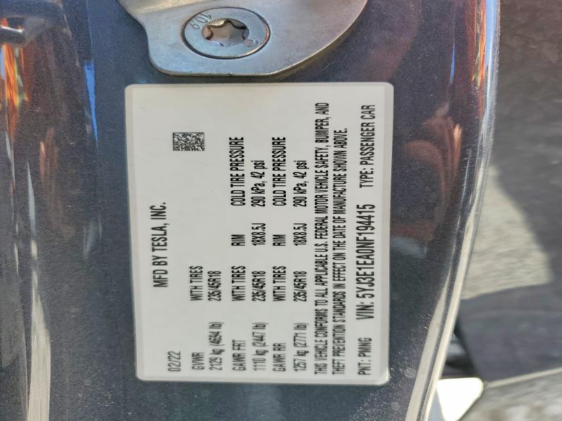 59890946 :رقم المزاد ، 5YJ3E1EA0NF194415 vin ، 2022 Tesla Model 3 مزاد بيع