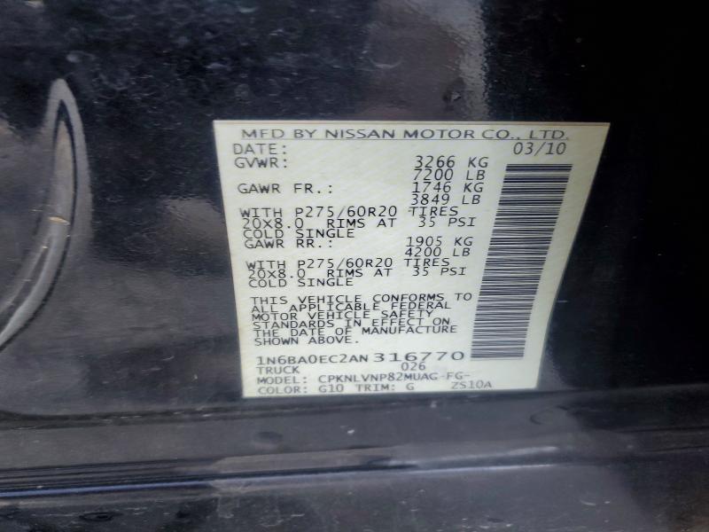 2010 Nissan Titan მანქანა იყიდება აუქციონზე, vin: 1N6BA0EC2AN316770, აუქციონის ნომერი: 59802476