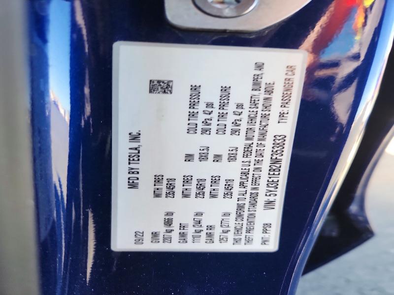 63346136 :رقم المزاد ، 5YJ3E1EB2NF353833 vin ، 2022 Tesla Model 3 مزاد بيع