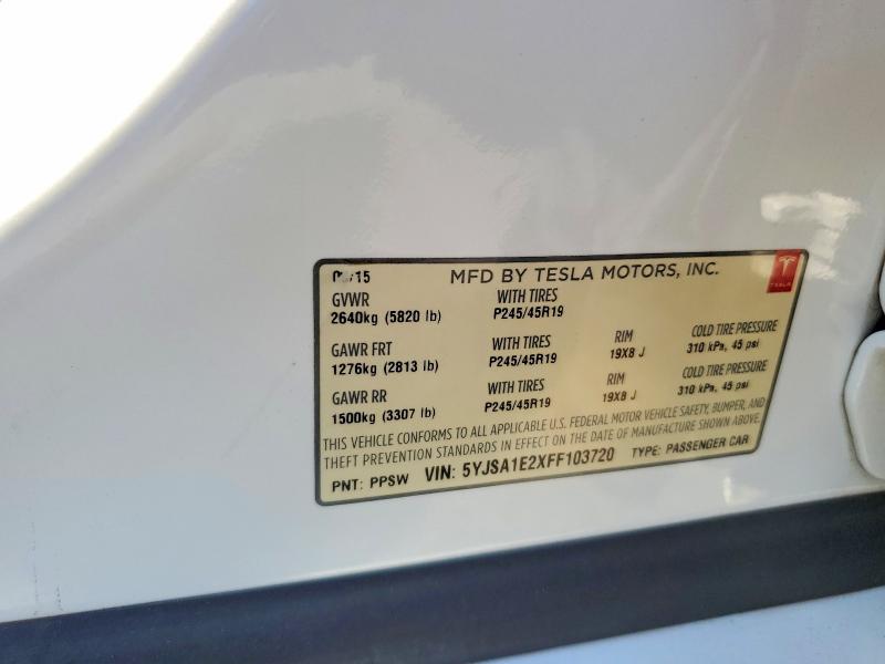 2015 Tesla Model S მანქანა იყიდება აუქციონზე, vin: 5YJSA1E2XFF103720, აუქციონის ნომერი: 60596776