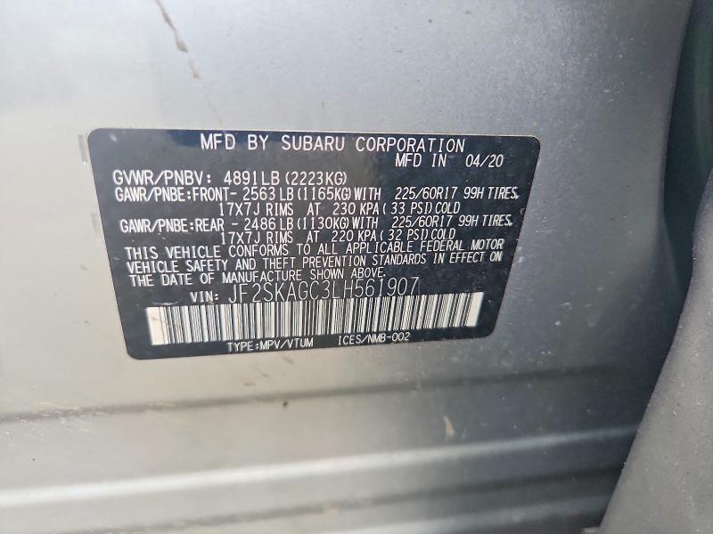 2020 Subaru Forester მანქანა იყიდება აუქციონზე, vin: JF2SKAGC3LH561907, აუქციონის ნომერი: 62679826