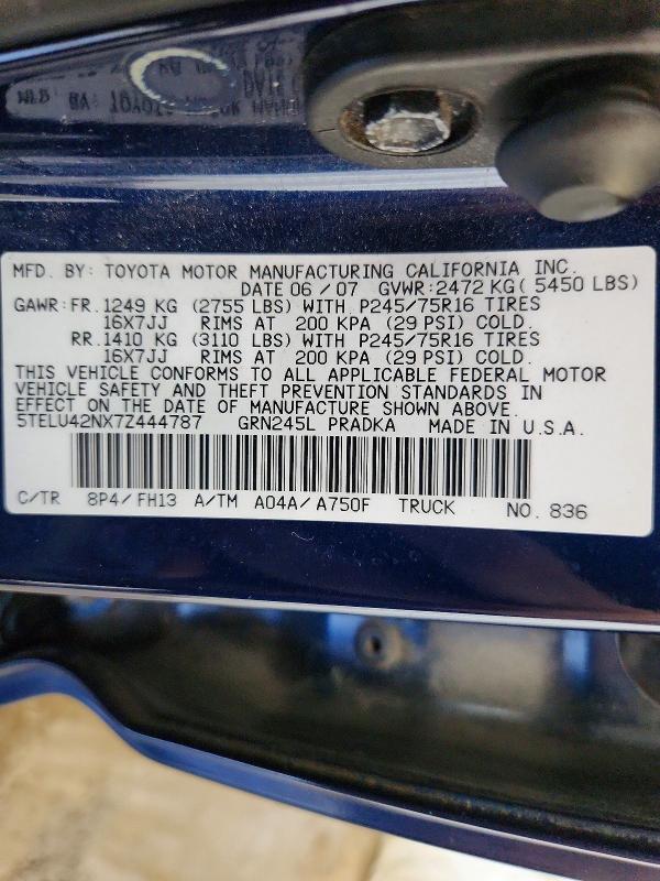 2007 Toyota Tacoma მანქანა იყიდება აუქციონზე, vin: 5TELU42NX7Z444787, აუქციონის ნომერი: 59100316
