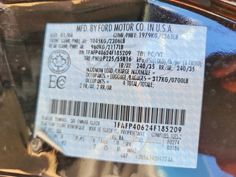 2004 Ford Mustang მანქანა იყიდება აუქციონზე, vin: 1FAFP40624F185209, აუქციონის ნომერი: 59729236