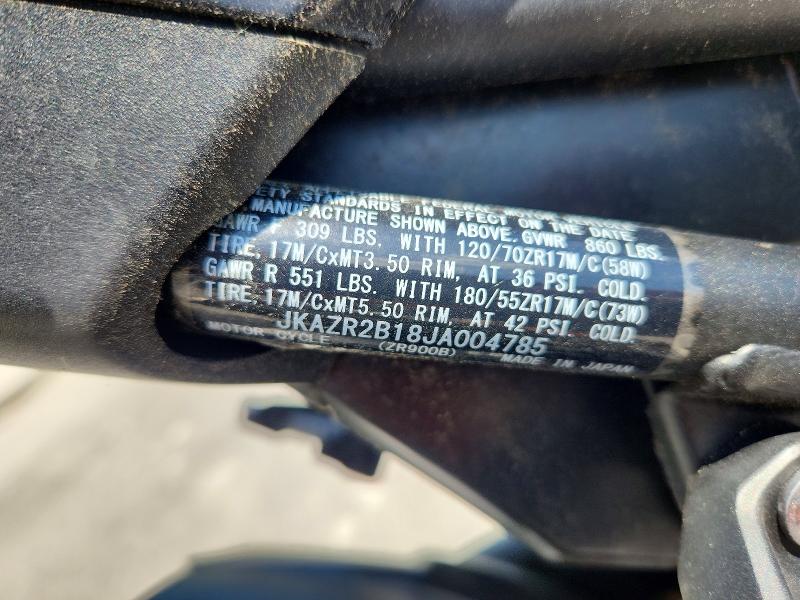 58757006 :رقم المزاد ، JKAZR2B18JA004785 vin ، 2018 Kawasaki Zr900 مزاد بيع