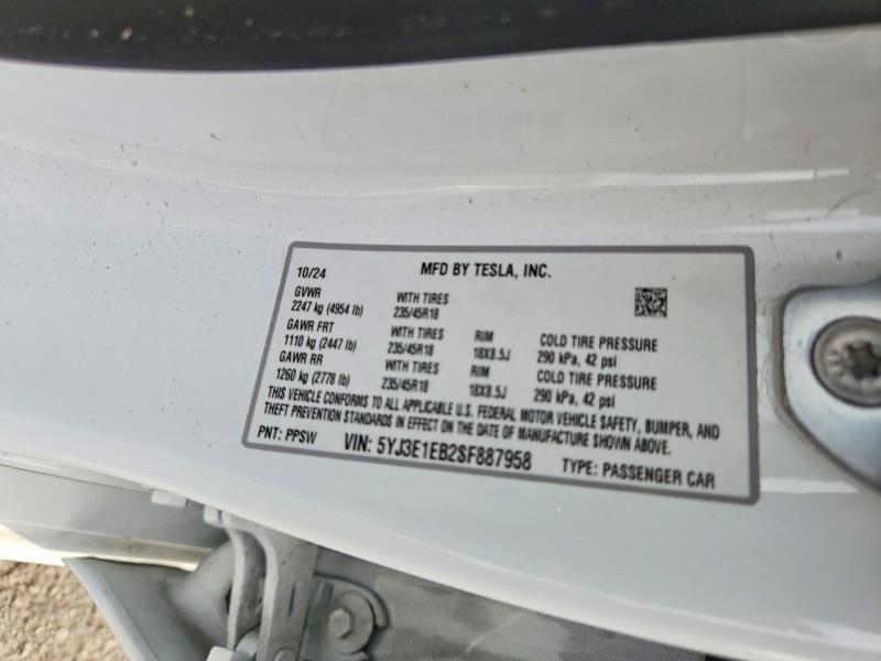Aukcja sprzedaży 2025 Tesla Model 3, vin: 5YJ3E1EB2SF887958, numer aukcji: 61771666