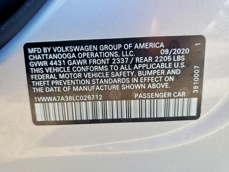 60063006 :رقم المزاد ، 1VWWA7A38LC026712 vin ، 2020 Volkswagen Passat مزاد بيع