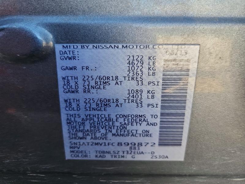 60080166 :رقم المزاد ، 5N1AT2MV1FC899872 vin ، 2015 Nissan Rogue مزاد بيع