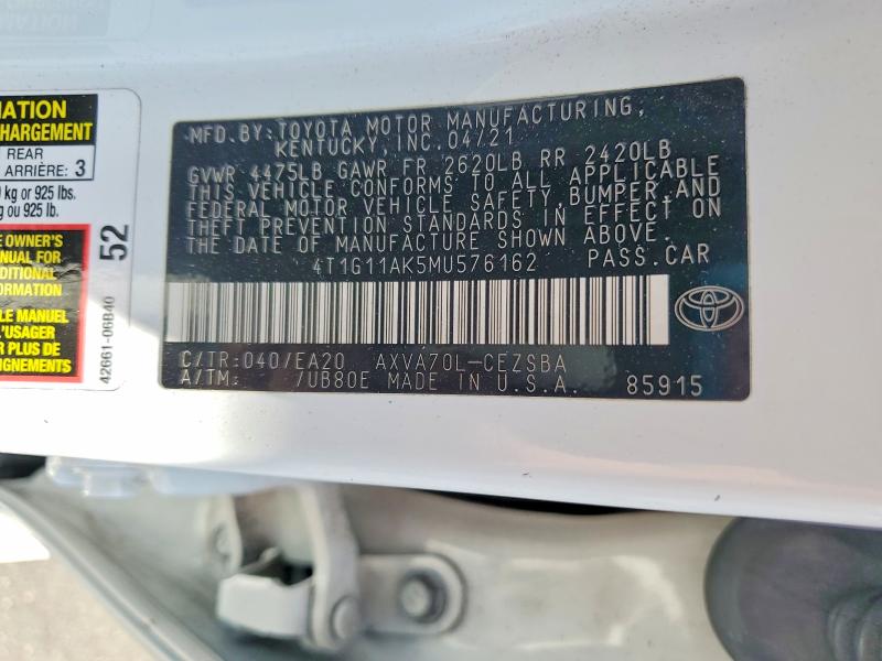 Aukcja sprzedaży 2021 Toyota Camry, vin: 4T1G11AK5MU576162, numer aukcji: 63229656