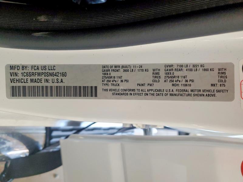 2025 Ram 1500 მანქანა იყიდება აუქციონზე, vin: 1C6SRFMP0SN642160, აუქციონის ნომერი: 62607136