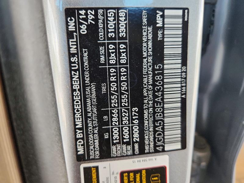 62210216 :رقم المزاد ، 4JGDA5JB8EA436815 vin ، 2014 Mercedes-benz Ml مزاد بيع