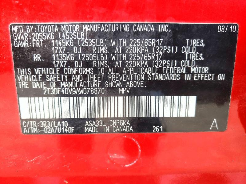 60609526 :رقم المزاد ، 2T3DF4DV9AW078870 vin ، 2010 Toyota Rav4 مزاد بيع