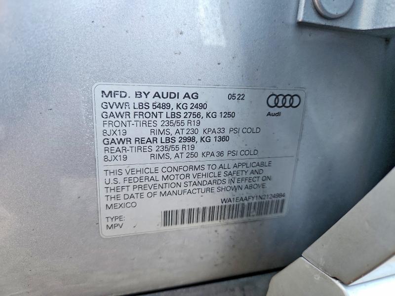 Aukcja sprzedaży 2022 Audi Q5, vin: WA1EAAFY1N2124984, numer aukcji: 59586386