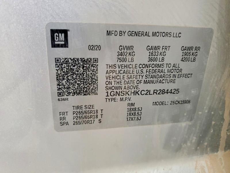 2020 Chevrolet Suburban მანქანა იყიდება აუქციონზე, vin: 1GNSKHKC2LR284425, აუქციონის ნომერი: 61960126