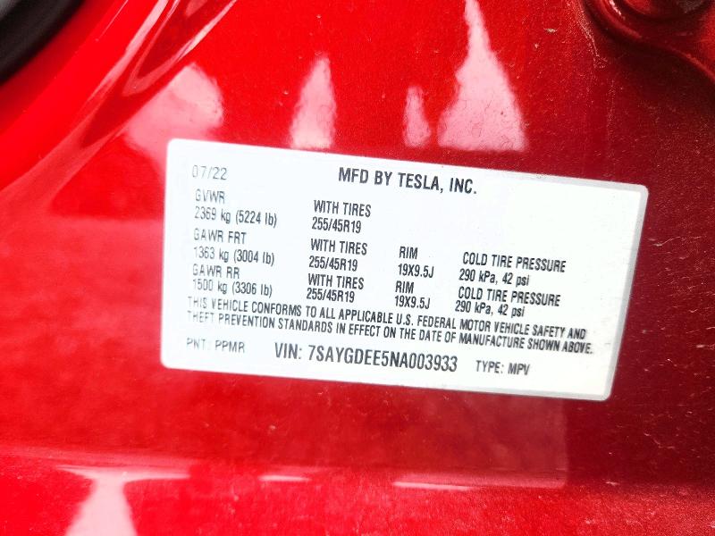 2022 Tesla Model Y მანქანა იყიდება აუქციონზე, vin: 7SAYGDEE5NA003933, აუქციონის ნომერი: 62424396