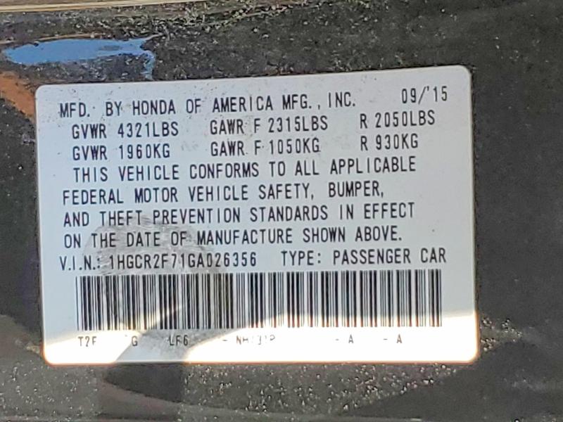 2016 Honda Accord მანქანა იყიდება აუქციონზე, vin: 1HGCR2F71GA026356, აუქციონის ნომერი: 62725046