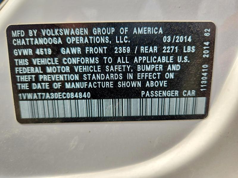 59343376 :رقم المزاد ، 1VWAT7A30EC084840 vin ، 2014 Volkswagen Passat مزاد بيع