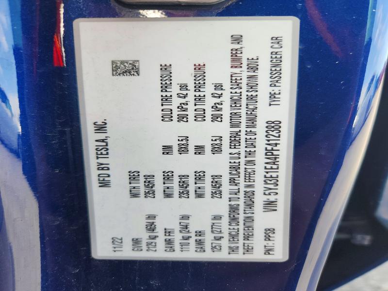 59327746 :رقم المزاد ، 5YJ3E1EA4PF412388 vin ، 2023 Tesla Model 3 مزاد بيع