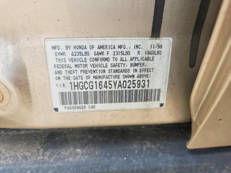 Продаж на аукціоні авто 2000 Honda Accord, vin: 1HGCG1645YA025931, номер лоту: 58769486