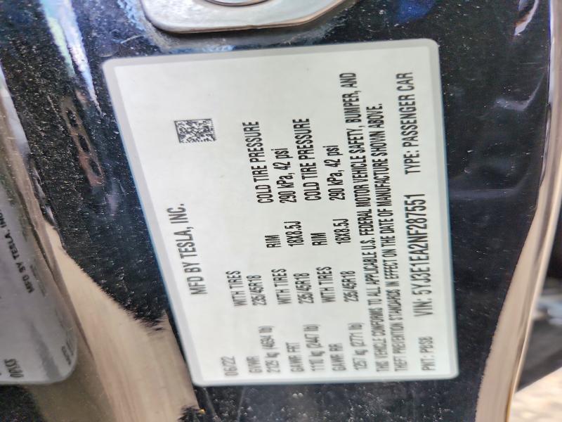Продаж на аукціоні авто 2022 Tesla Model 3, vin: 5YJ3E1EA2NF287551, номер лоту: 62391566