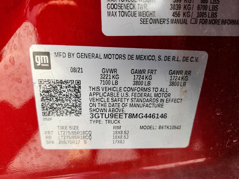 Продажа на аукционе авто 2021 Gmc Sierra, vin: 3GTU9EET8MG446146, номер лота: 63521796