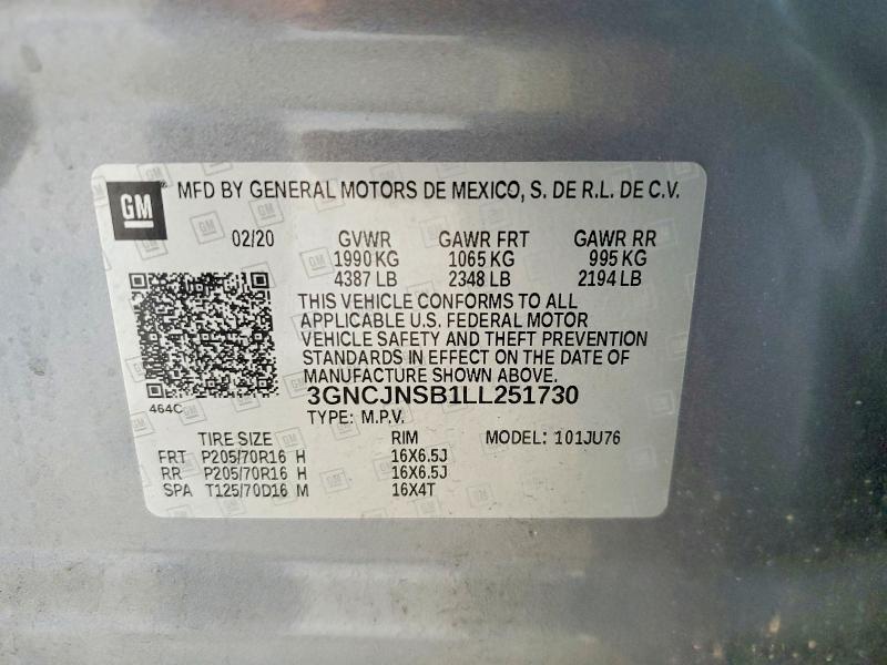 Aukcja sprzedaży 2020 Chevrolet Trax, vin: 3GNCJNSB1LL251730, numer aukcji: 61189316