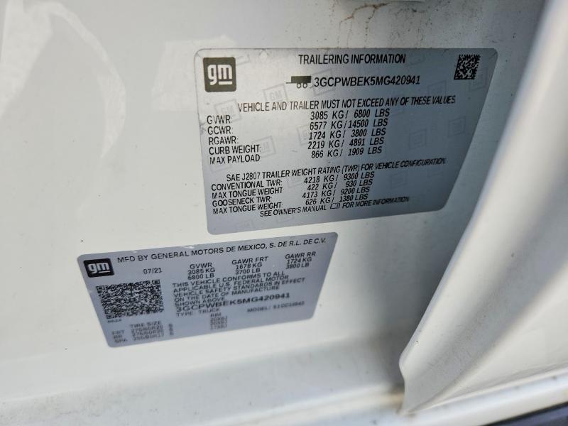 60397666 :رقم المزاد ، 3GCPWBEK5MG420941 vin ، 2021 Chevrolet Silverado مزاد بيع