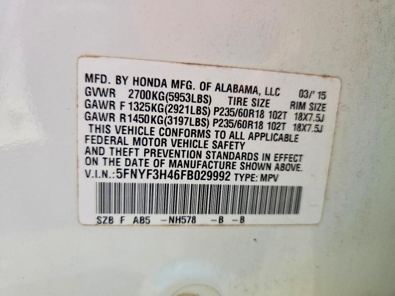 62515886 :رقم المزاد ، 5FNYF3H46FB029992 vin ، 2015 Honda Pilot مزاد بيع