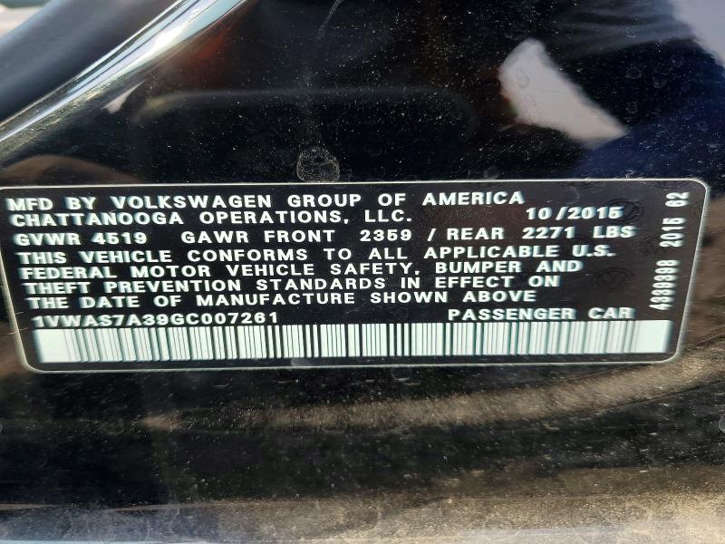 62521336 :رقم المزاد ، 1VWAS7A39GC007261 vin ، 2016 Volkswagen Passat مزاد بيع